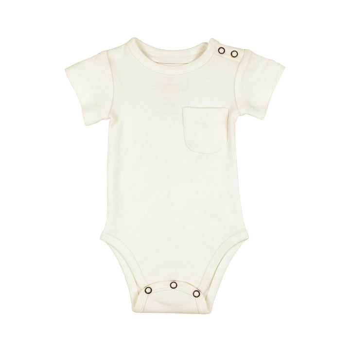 Organic Short-Sleeve Bodysuit in Buttercream, a light beige color.