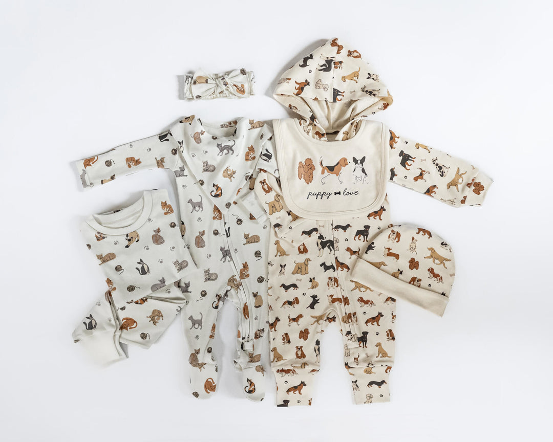 Child wearing Reversible Organic Beanie in Puppy Love.