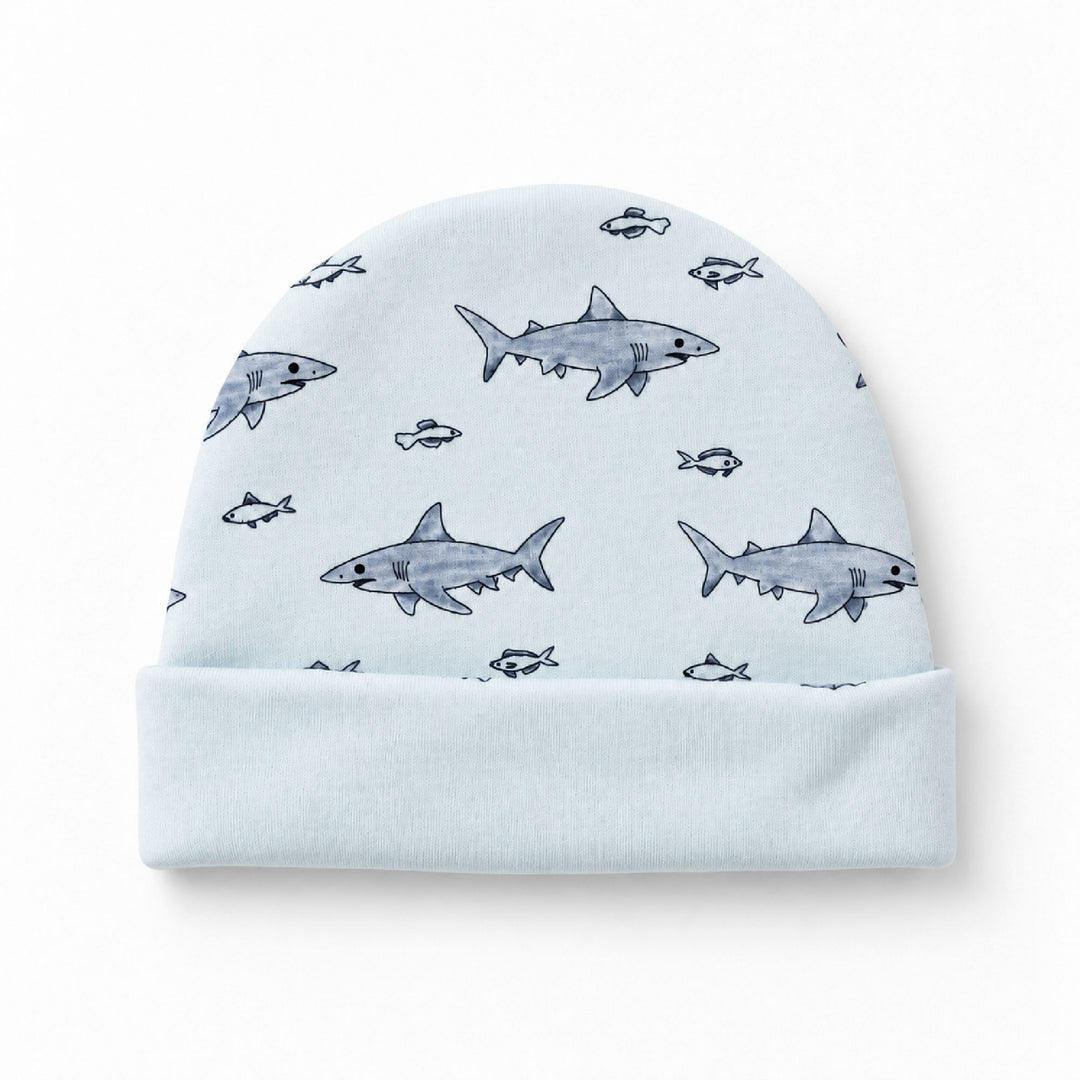 Reversible Organic Beanie in Sharks, Flat