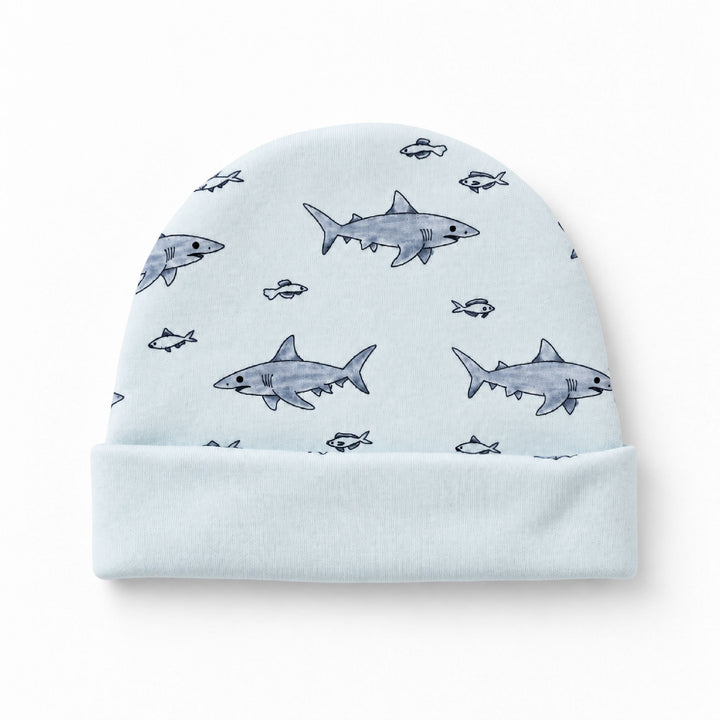 Reversible Organic Beanie in Sharks, Flat