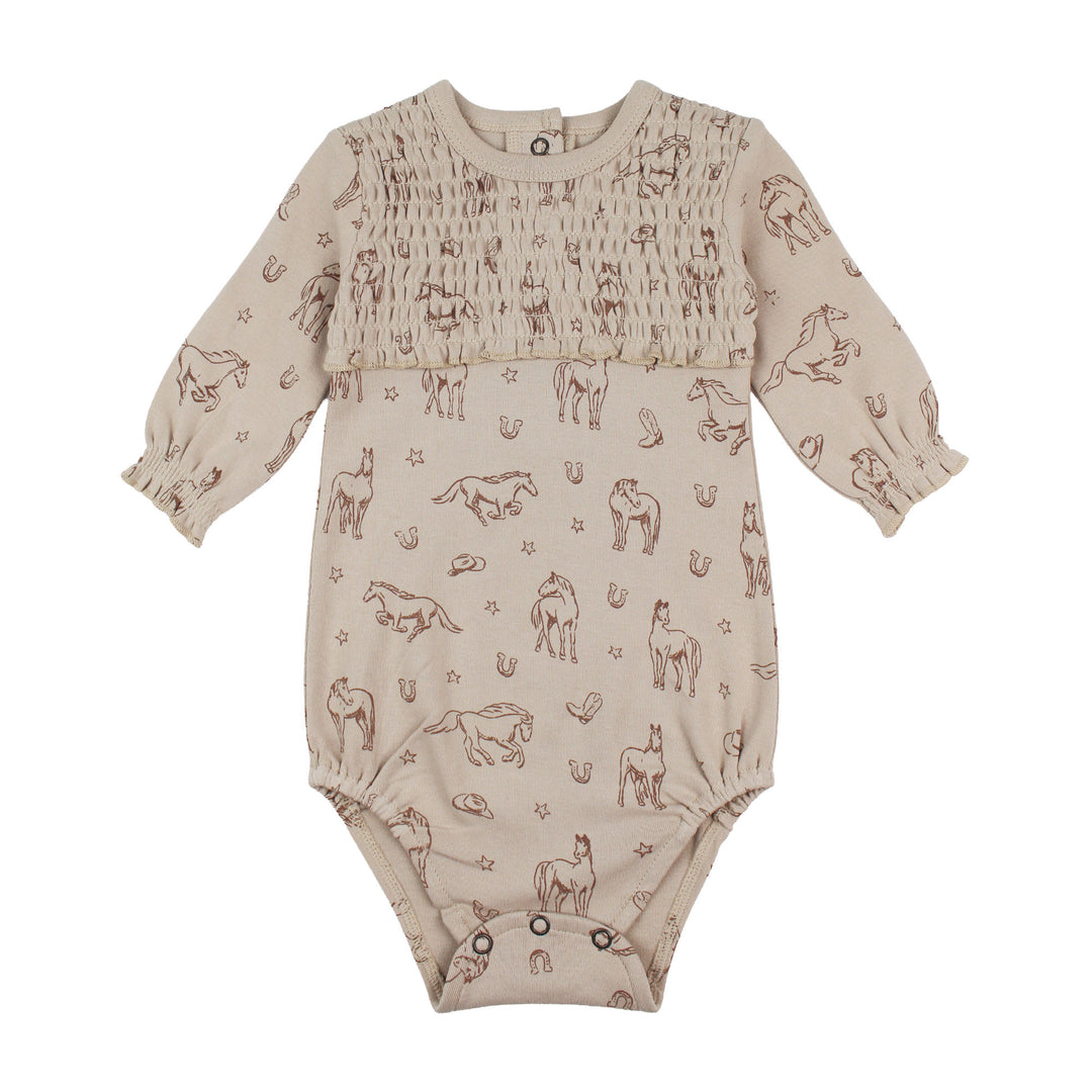 Organic Smocked Chest Bodysuit in Mini Buckaroo.