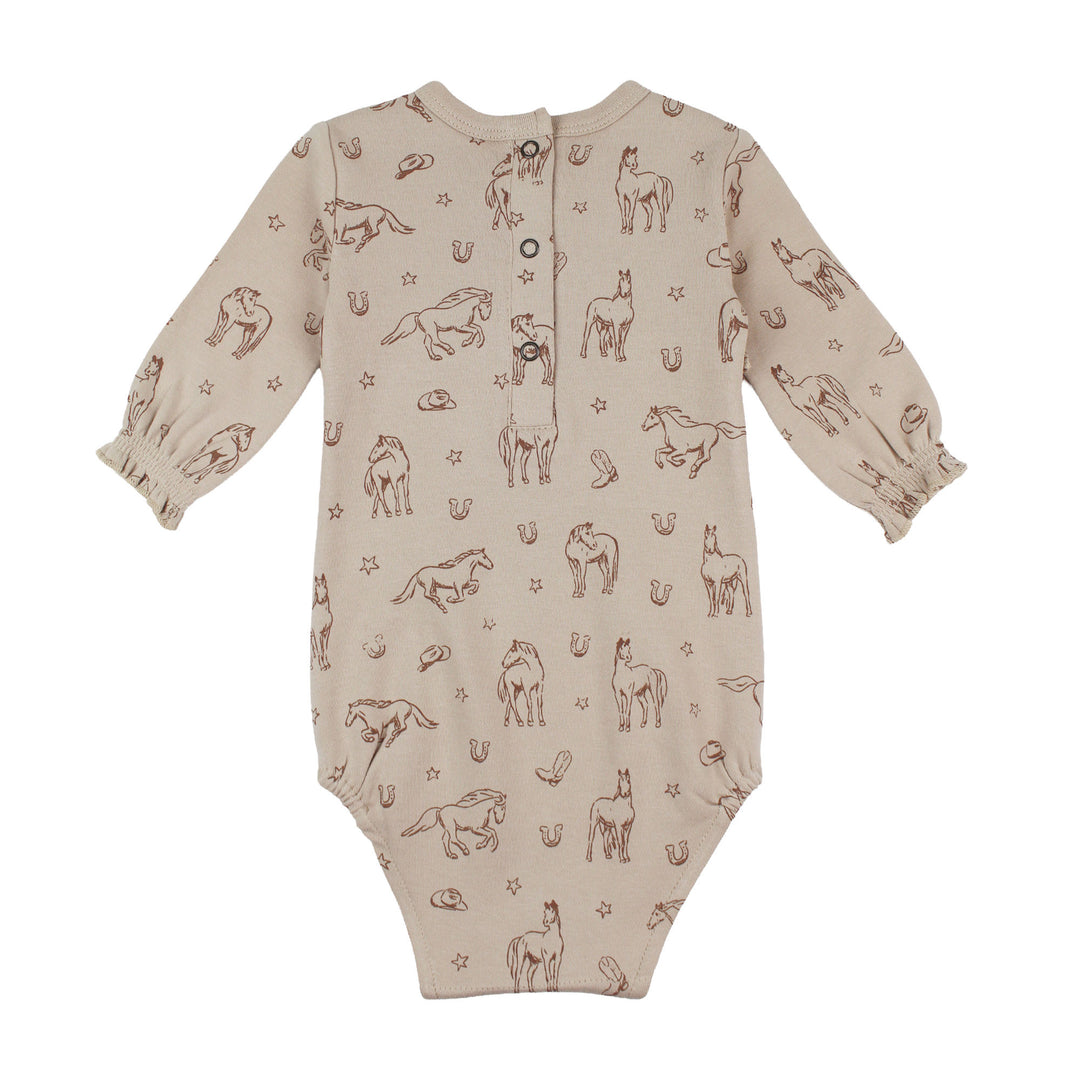 Back view of Organic Smocked Chest Bodysuit in Mini Buckaroo.