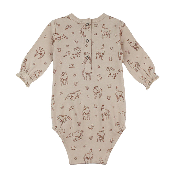 Back view of Organic Smocked Chest Bodysuit in Mini Buckaroo.