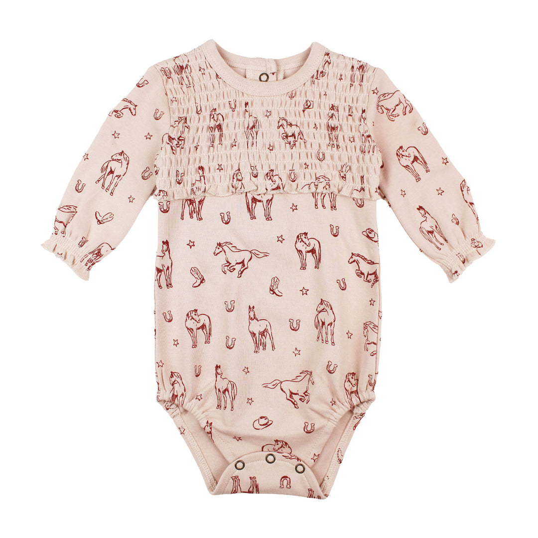 Organic Smocked Chest Bodysuit in Rodeo Rose.