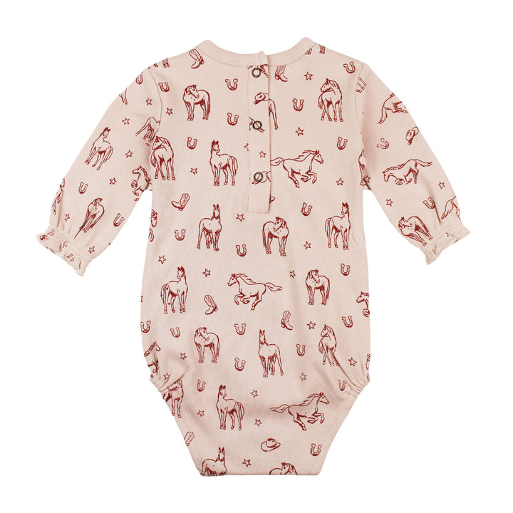 Back view of Organic Smocked Chest Bodysuit in Rodeo Rose.