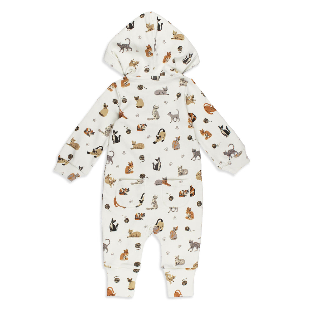Organic Hooded Zipper Romper in 9 Lives, Back.