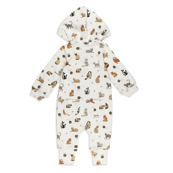 Organic Hooded Zipper Romper in 9 Lives, Back.