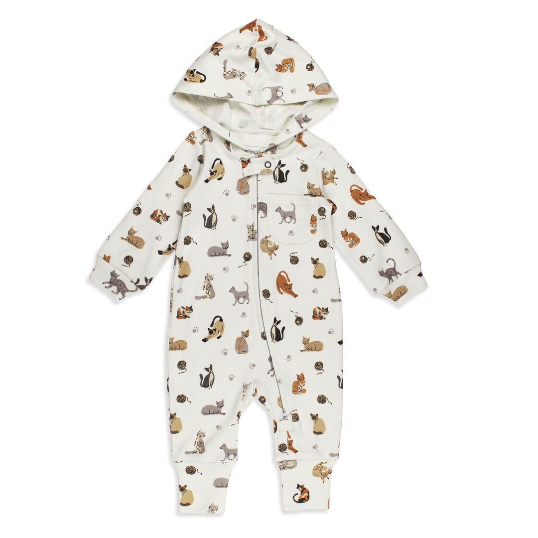 Organic Hooded Zipper Romper in 9 Lives, Flat.