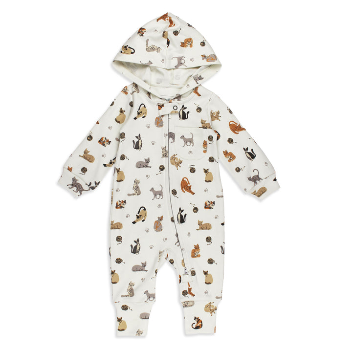 Organic Hooded Zipper Romper in 9 Lives, Flat.