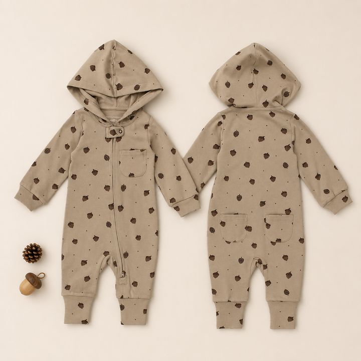 Styled flatlay of Organic Hooded Zipper Romper in Little Acorn