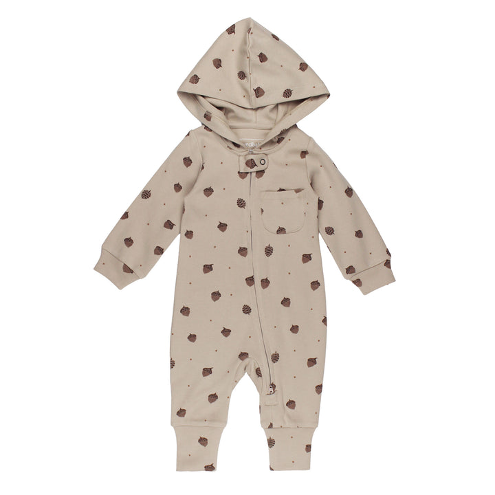 Organic Hooded Zipper Romper in Little Acorn.