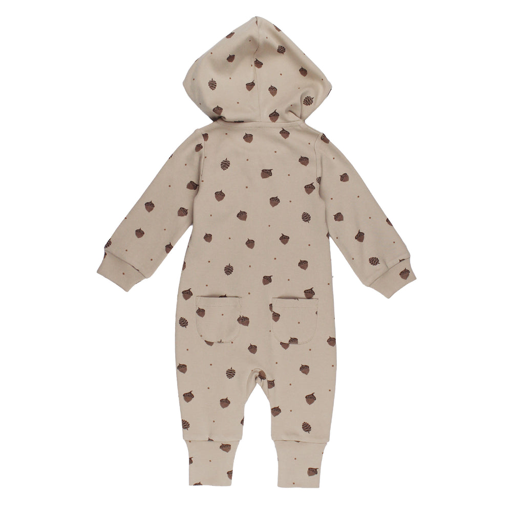 Styled flatlay of Organic Hooded Zipper Romper in Little Acorn.