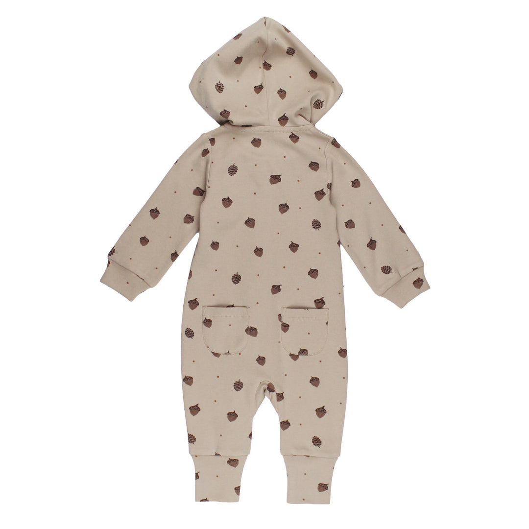 Styled flatlay of Organic Hooded Zipper Romper in Little Acorn.