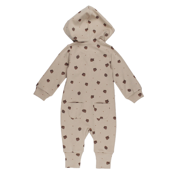Styled flatlay of Organic Hooded Zipper Romper in Little Acorn.