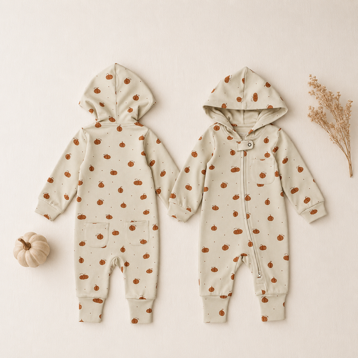 Styled flatlay of Organic Hooded Zipper Romper in Pumpkin Spice.