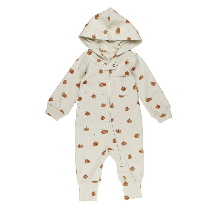 Organic Hooded Zipper Romper in Pumpkin Spice.