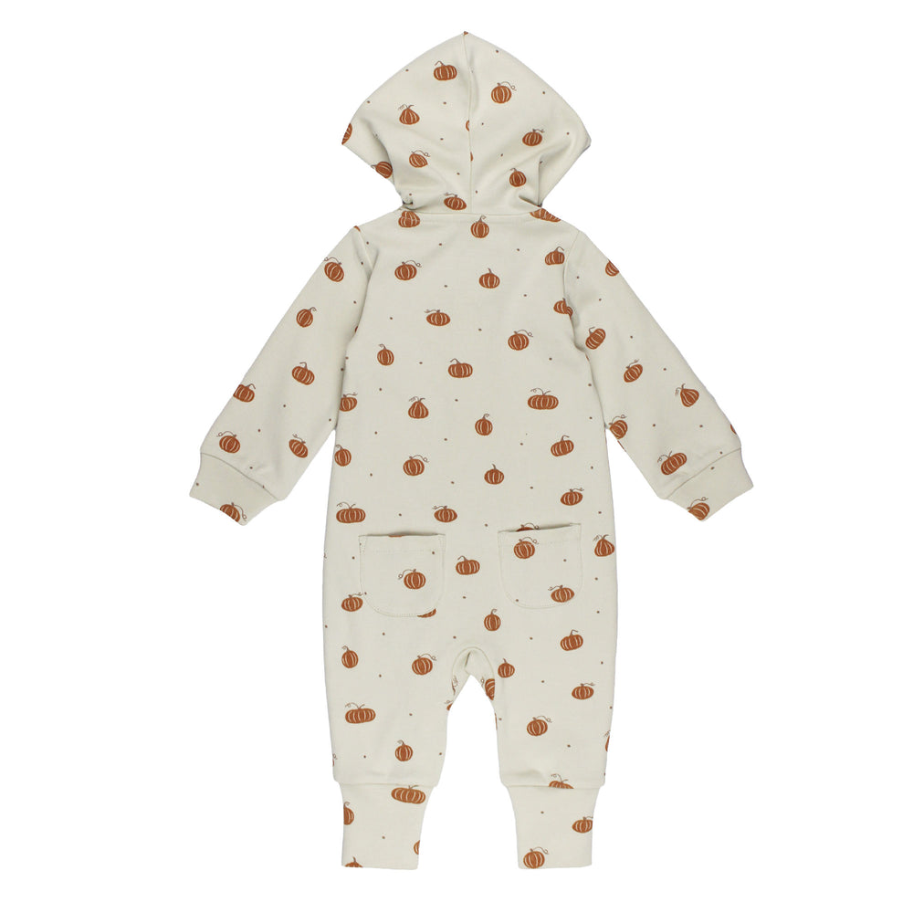 Styled flatlay of Organic Hooded Zipper Romper in Pumpkin Spice.