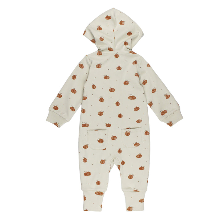 Styled flatlay of Organic Hooded Zipper Romper in Pumpkin Spice.