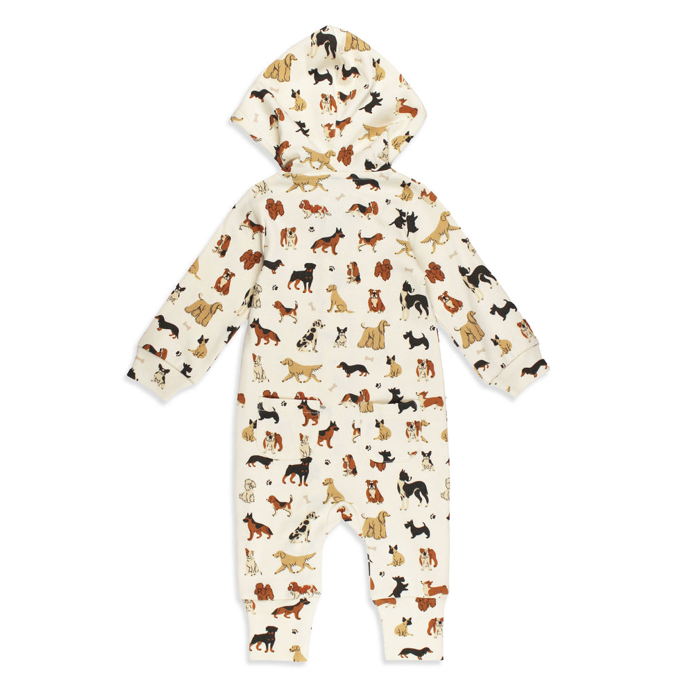 Organic Hooded Zipper Romper in Puppy Love, Back.