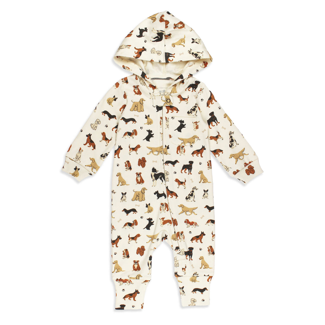 Organic Hooded Zipper Romper in Puppy Love.