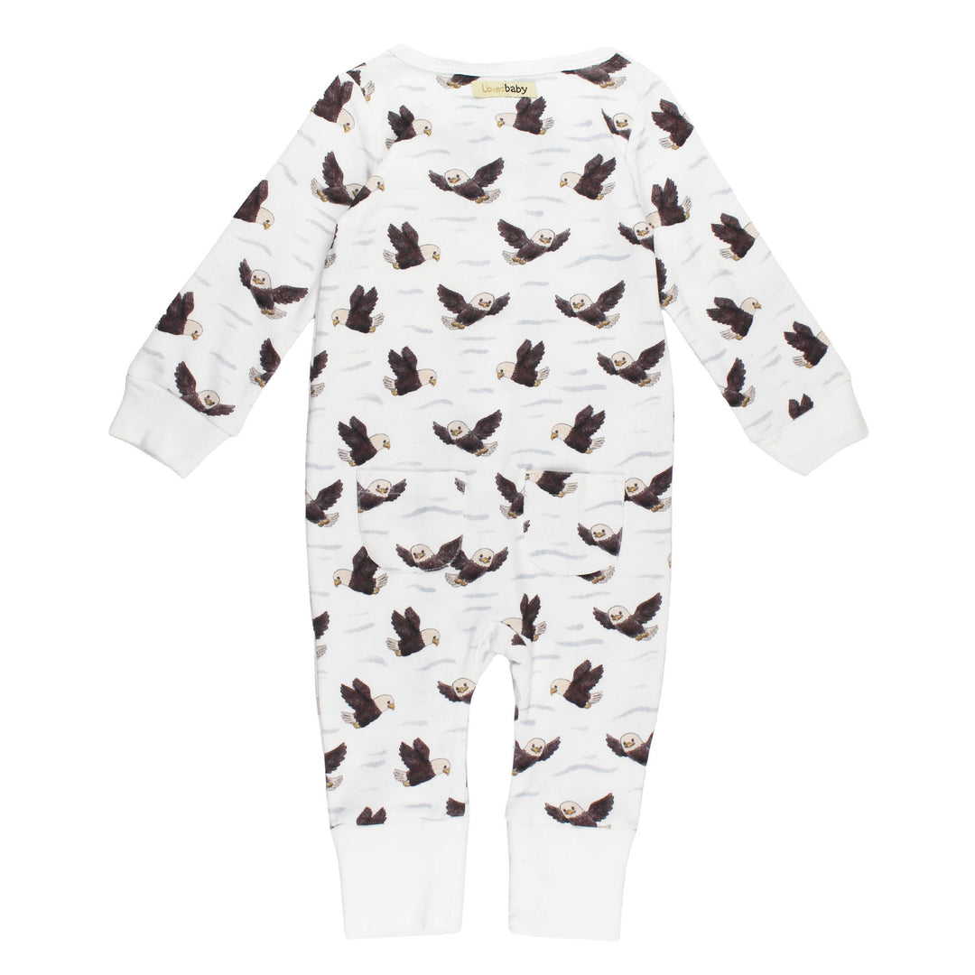 Back view of Organic Footless 2-Way Zipper Romper in Bald Eagle.