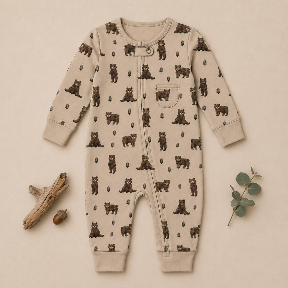 Child wearing Organic Footless 2-Way Zipper Romper in Black Bear.