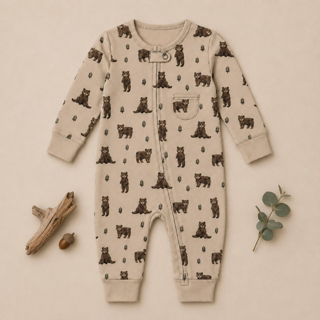 Child wearing Organic Footless 2-Way Zipper Romper in Black Bear.