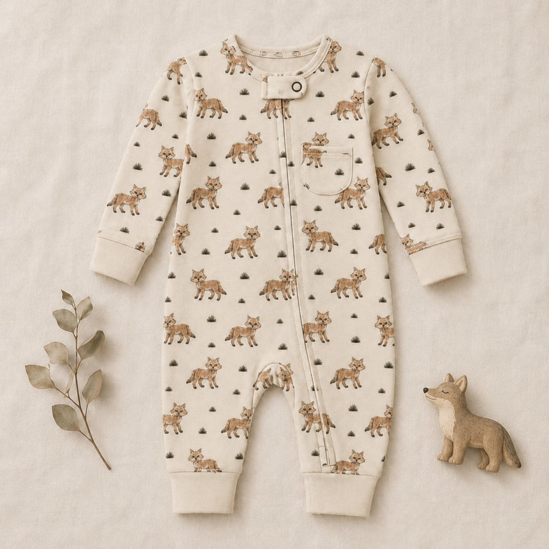 Child wearing Organic Footless 2-Way Zipper Romper in Coyote.