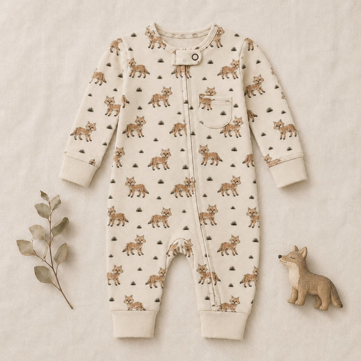 Child wearing Organic Footless 2-Way Zipper Romper in Coyote.