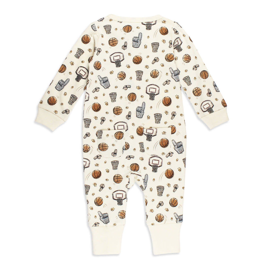 Styled flatlay of Organic Footless 2-Way Zipper Romper in Hoops.