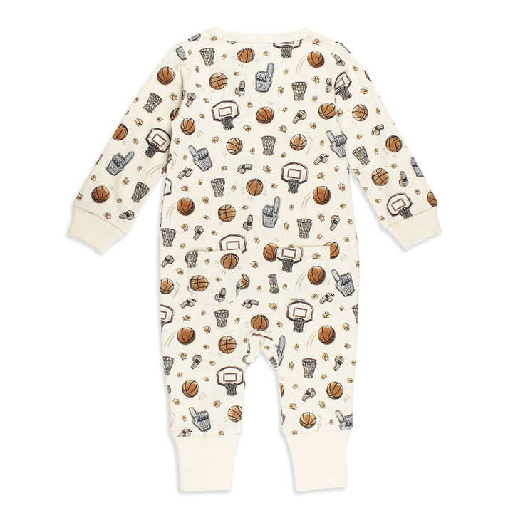 Styled flatlay of Organic Footless 2-Way Zipper Romper in Hoops.
