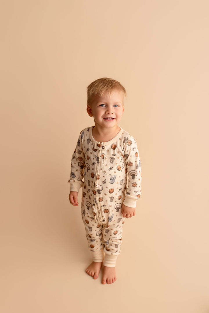 Child wearing Organic Footless 2-Way Zipper Romper in Hoops.