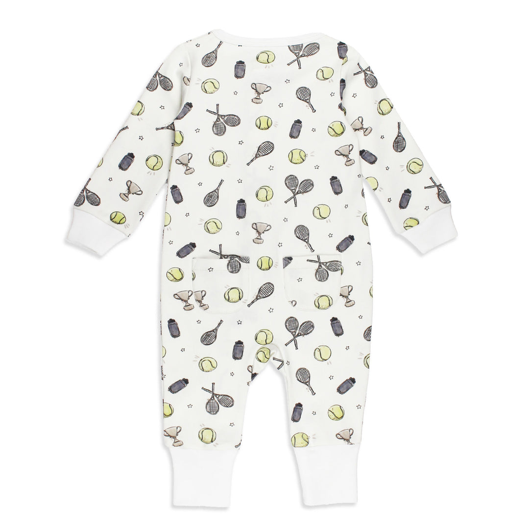 Styled flatlay of Organic Footless 2-Way Zipper Romper in Little Ace.