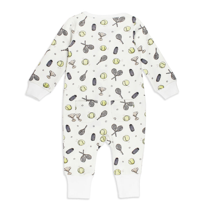 Styled flatlay of Organic Footless 2-Way Zipper Romper in Little Ace.