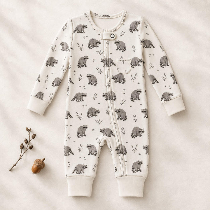 Child wearing Organic Footless 2-Way Zipper Romper in Raccoon.