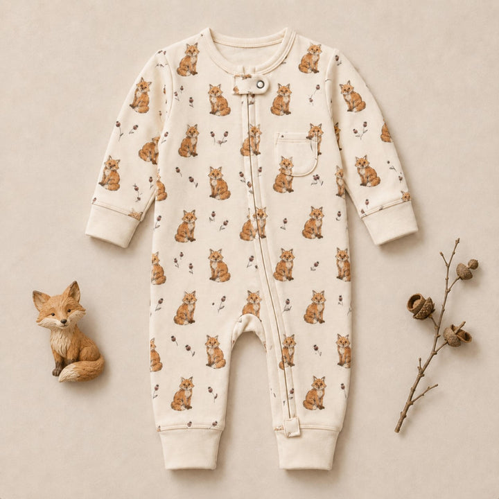 Child wearing Organic Footless 2-Way Zipper Romper in Red Fox.