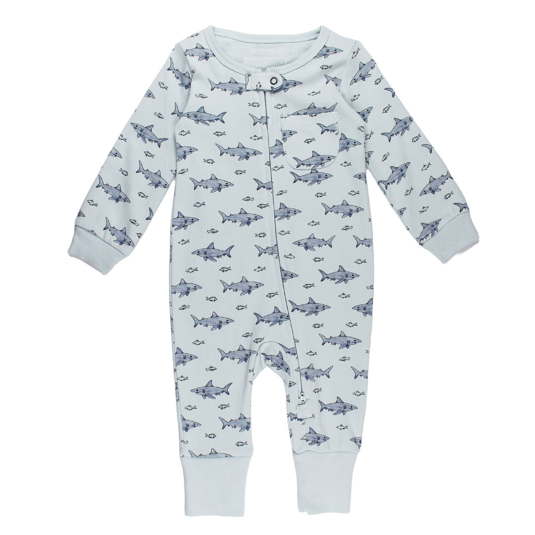 Organic Footless 2-Way Zipper Romper in Sharks.