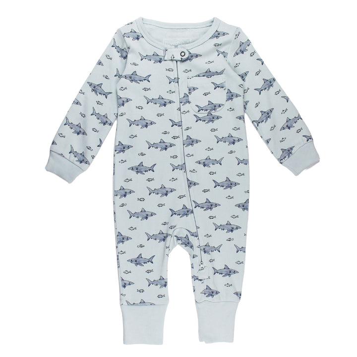 Organic Footless 2-Way Zipper Romper in Sharks.