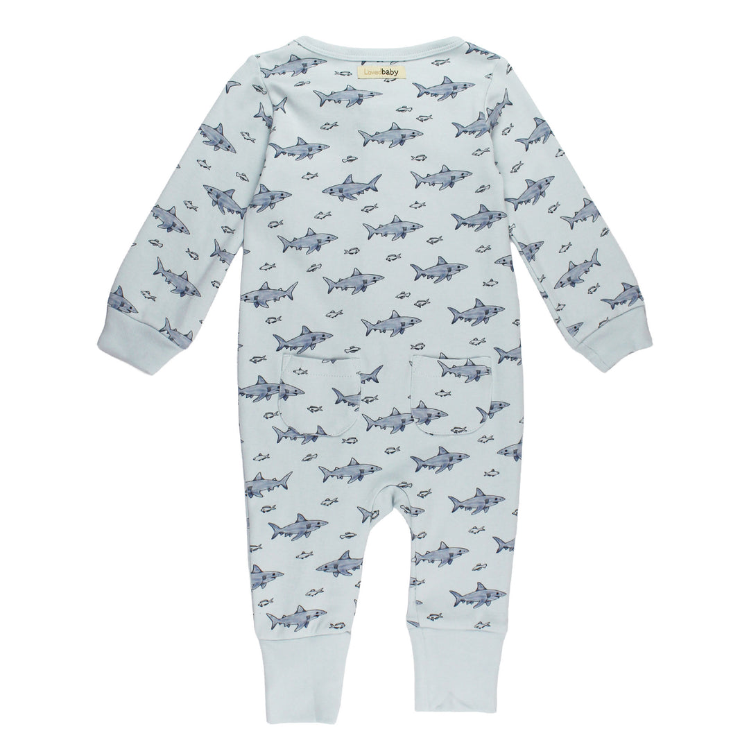 Back view of Organic Footless 2-Way Zipper Romper in Sharks.