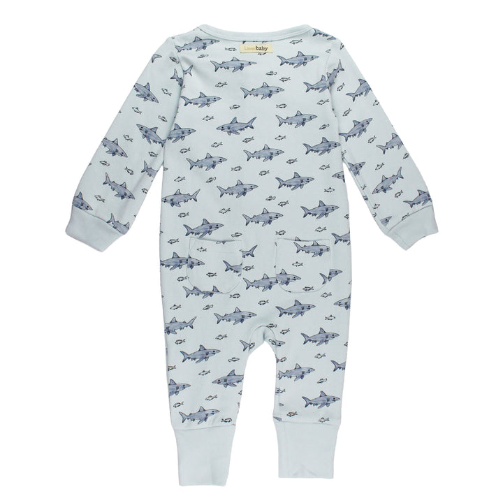 Back view of Organic Footless 2-Way Zipper Romper in Sharks.