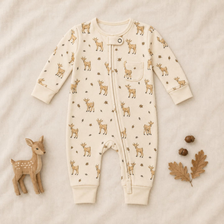 Child wearing Organic Footless 2-Way Zipper Romper in White Tail Deer.