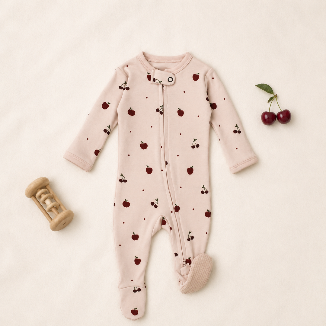 Organic 2-Way Zipper Footie in Cherry Apple.