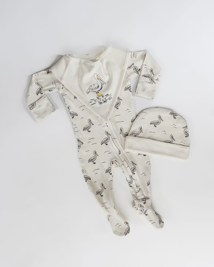 Child wearing Organic 2-Way Zipper Footie in Pelican.