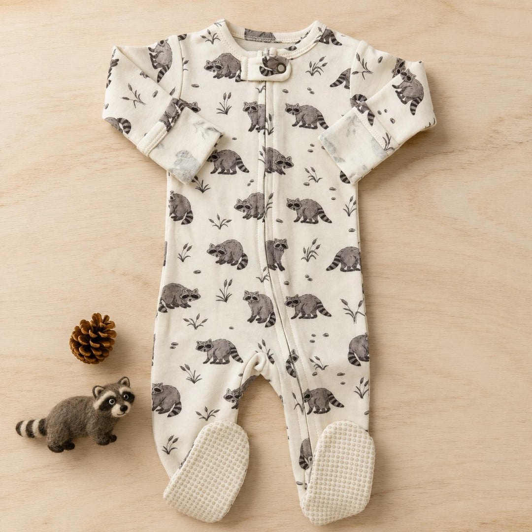 Child wearing Organic 2-Way Zipper Footie in Raccoon.