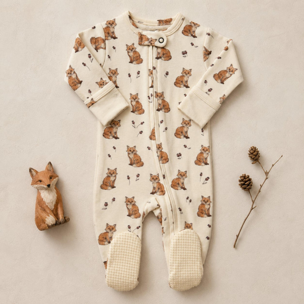 Child wearing Organic 2-Way Zipper Footie in Red Fox.