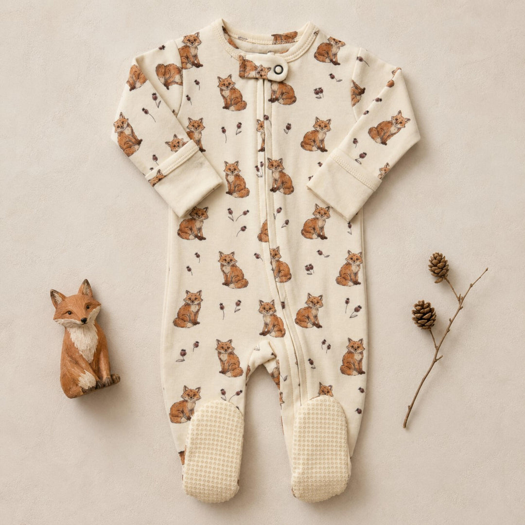 Child wearing Organic 2-Way Zipper Footie in Red Fox.