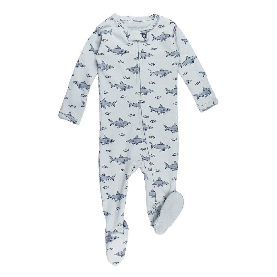 Organic 2-Way Zipper Footie in Sharks.