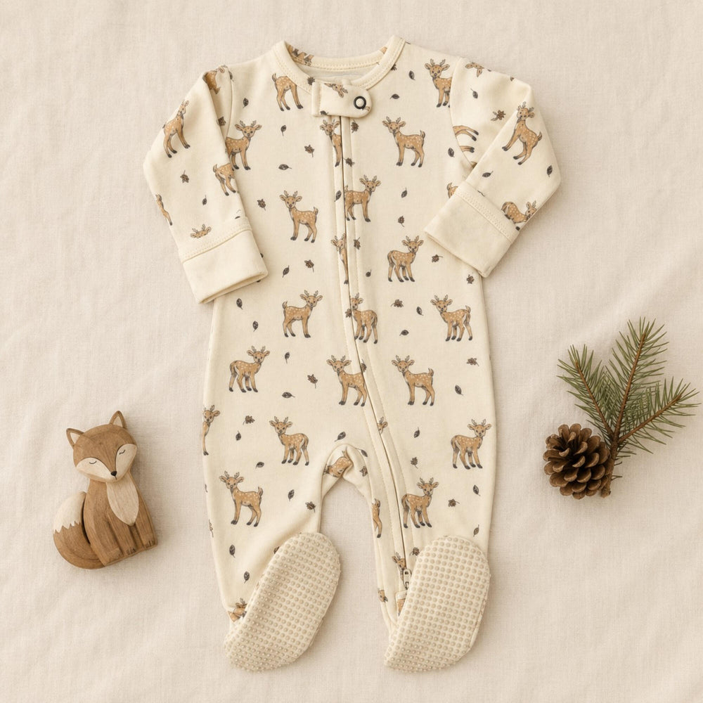 Child wearing Organic 2-Way Zipper Footie in White Tail Deer.