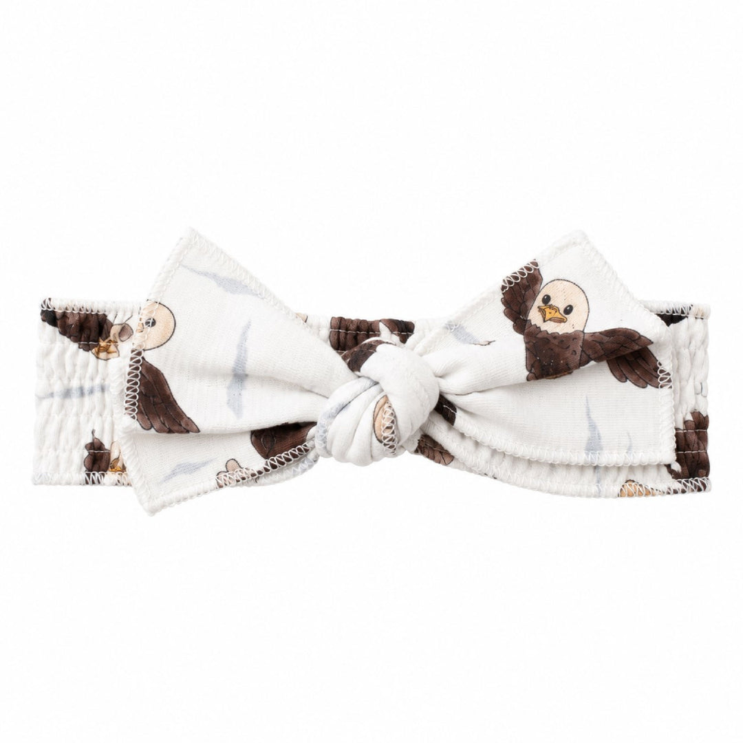 Organic Smocked Tie Headband in Bald Eagle.