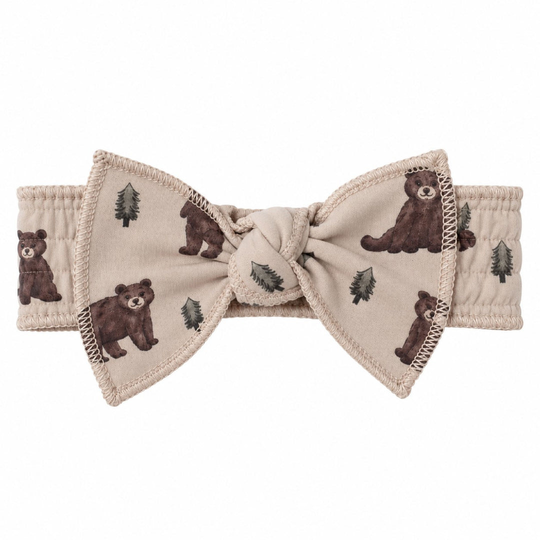 Organic Smocked Tie Headband in Black Bear.